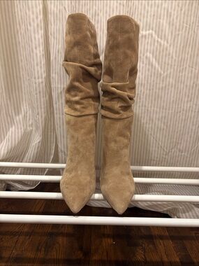 Suede Slouch Knee-High Boots in Tan